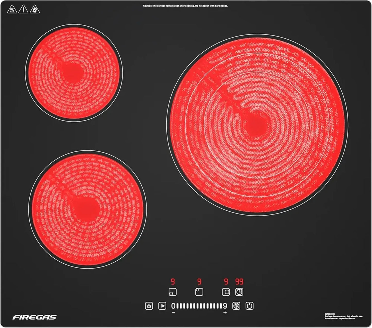 Plaque de Cuisson Vitrocéramique 3 Zones 5900W 60 cm, Commande Tactile, Securité Enfant, Minuteur et 9 Niveaux