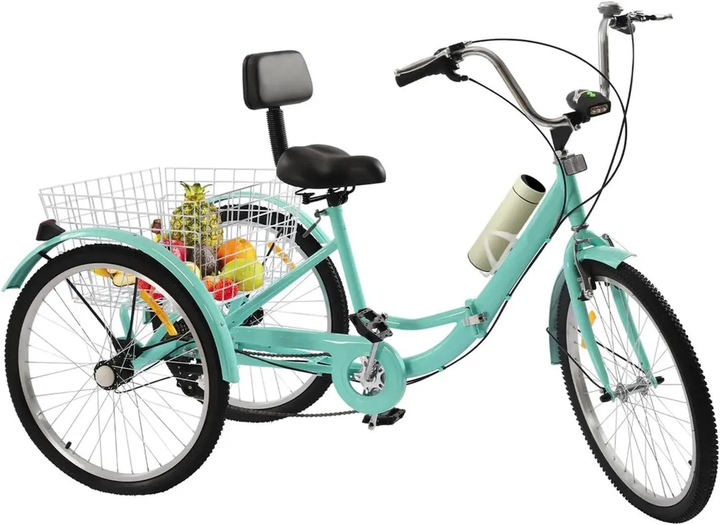 Tricycle Adulte 24', 7 Vitesses, Vélo Pliant avec LED, Porte-gobelet et Panier