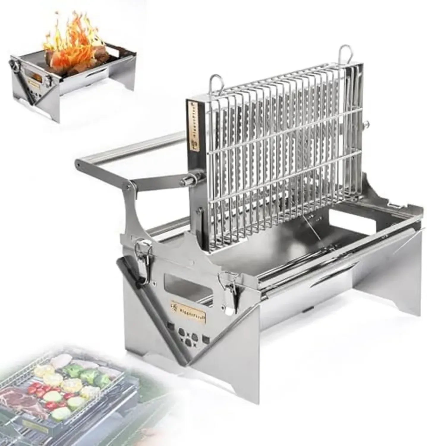 Gril à charbon rotatif 360° en acier inoxydable avec cadre réglable et plateau amovible