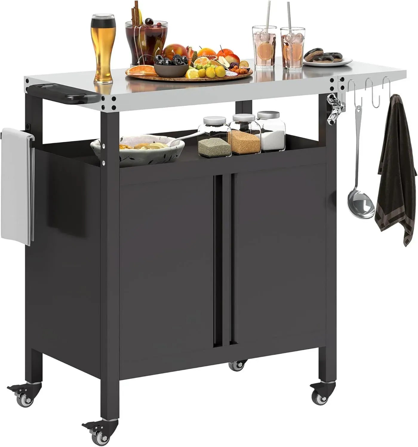 Chariot de Barbecue Extérieur Outsunny avec Tablette Pliable et Plateau en Inox, Noir
